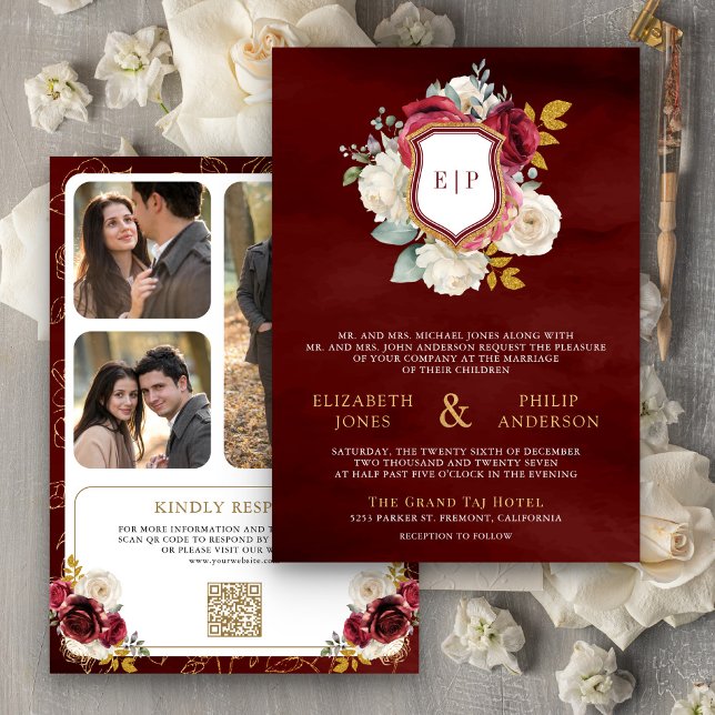Invitación Cresta de foto de código QR floral rojo de Borgoña (Subido por el creador)