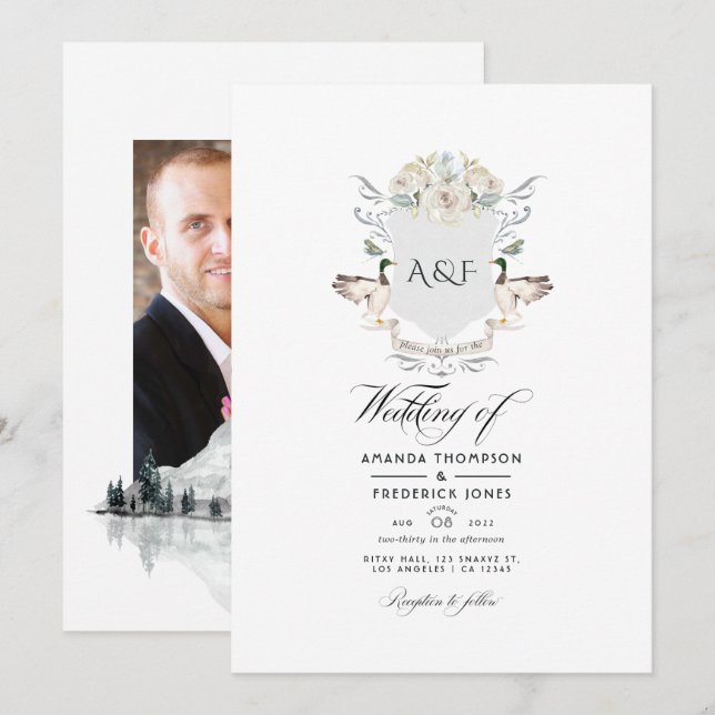 Invitación Cresta de Monograma de Boda Foto junto al Lago (Anverso / Reverso)