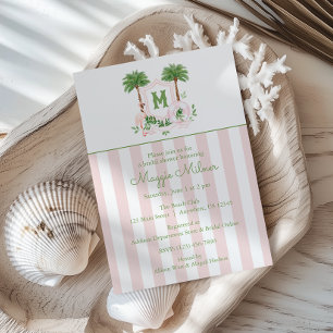 Invitación Cresta de Monograma de Rayas de Cabaña Palm Beach