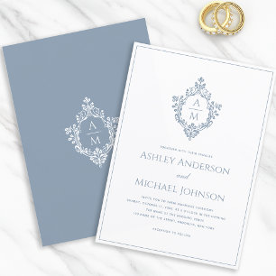 Invitación Cresta de monograma formal elegante de boda azul p