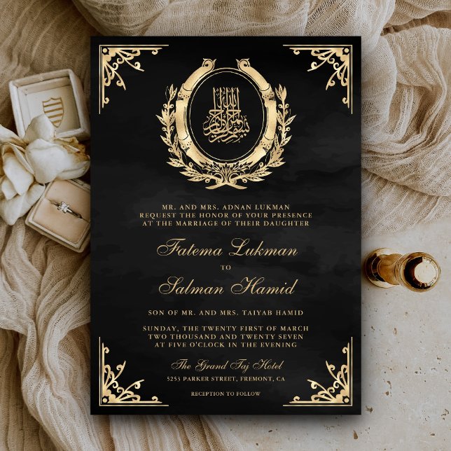Invitación Cresta de Oro Antiguo Negro Musulmán Boda (Subido por el creador)