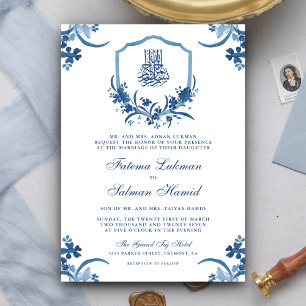 Invitación Cresta floral acuarela azul rústica boda musulmana
