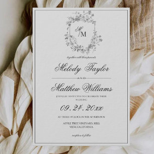 Invitación Cresta floral negra y blanca de caligrafía para bo