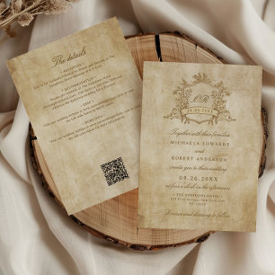 Invitación Cresta Floral Vintage Código QR Todo en Uno Boda