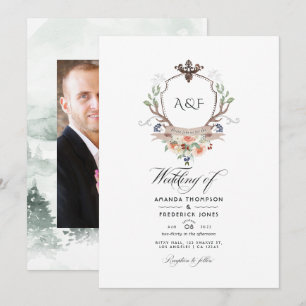 Invitación Cresta Monograma de Laurel del Bosque Foto de Boda