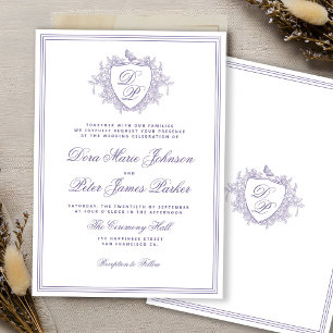 Invitación Cresta vintage lavanda monograma boda