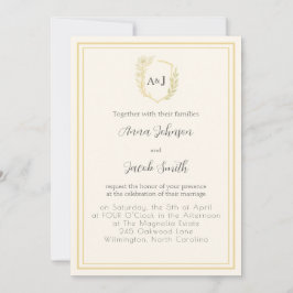 Invitación Crestado de marfil elegante y falso oro con acento