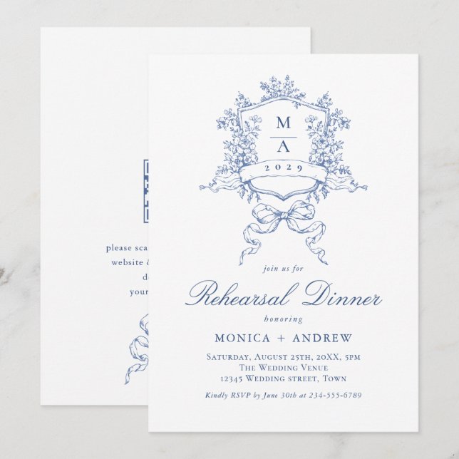 Invitación Crestal Ornate Victoriano código QR para CENA DE E (Anverso / Reverso)