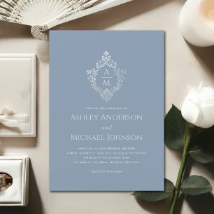 Invitación Crestas de Boda Polvo Azul Monograma Vintage Elega