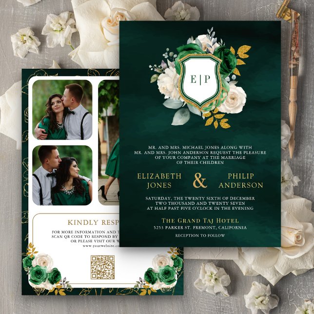 Invitación Crestón de Boda Foto Código QR Floral Verde Esmera (Subido por el creador)