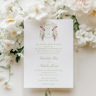 Invitación Crestón de Monograma Floral en Cascada para Boda