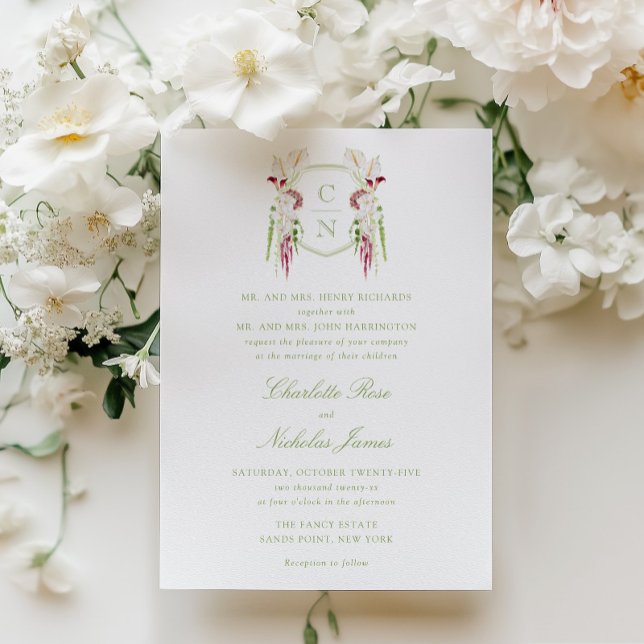 Invitación Crestón de Monograma Floral en Cascada para Boda (Subido por el creador)