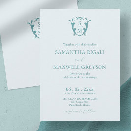 Invitación Crestón de monograma personalizable boda azul páli