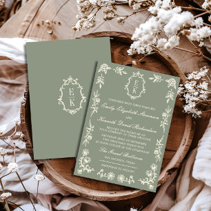 Invitación Crestón Floral Verde Salvia Dinero Antiguo Monogra