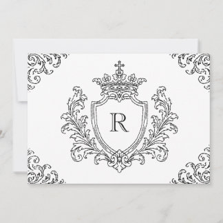 Invitación Crestón Inicial Tradicional Monograma Bautizo Negr