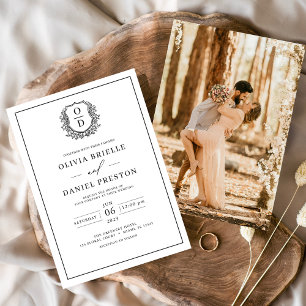 Invitación Crestón Monograma de Hoja Negra Blanca Foto Boda