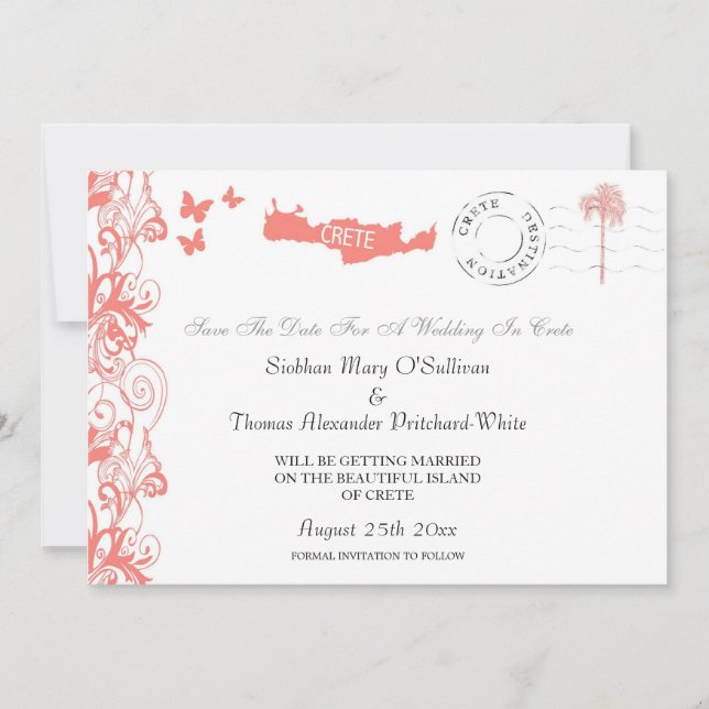 Invitación Creta Guardar la fecha en rosa coral y blanco (Anverso)