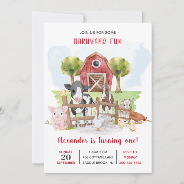 Invitación Cría 1.ᵉʳ Nacimiento Animales De Granja Niños Barn (Anverso)