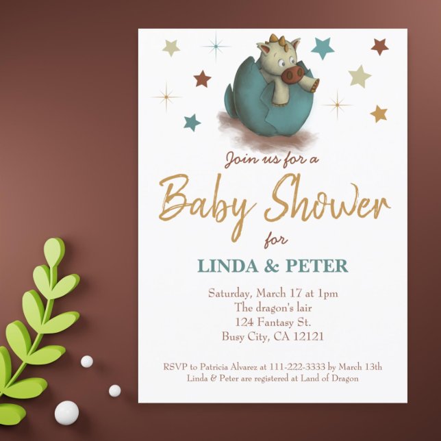 Invitación Cría bebé delta dinosaurio con Baby Shower neutral (Cute gender neutral dragon baby shower invitation)
