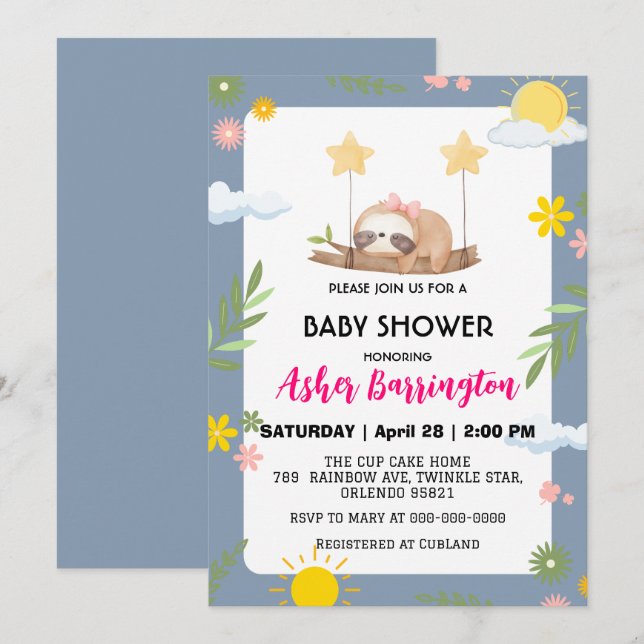 Invitación Cría Bebé perezoso cielo arco iris flor bebé (Anverso / Reverso)