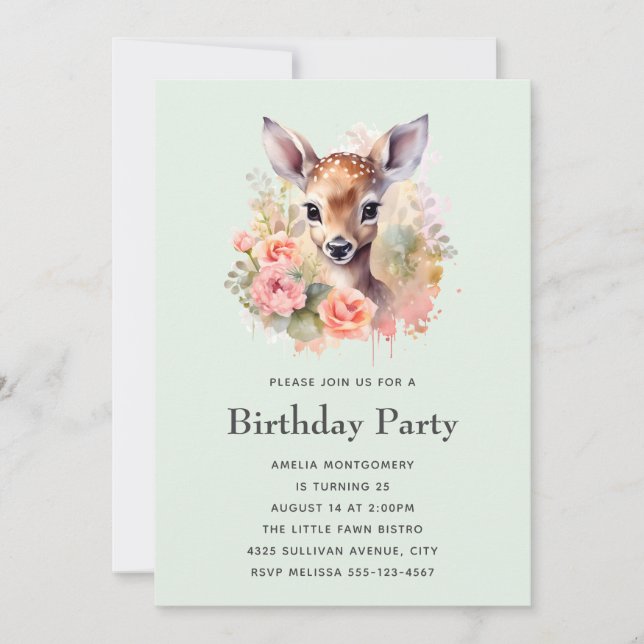 Invitación Cría De Cerfs Rodeada De Rosas Cumpleaños (Anverso)