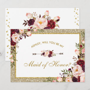 Invitación Criada floral del purpurina del oro de Borgoña
