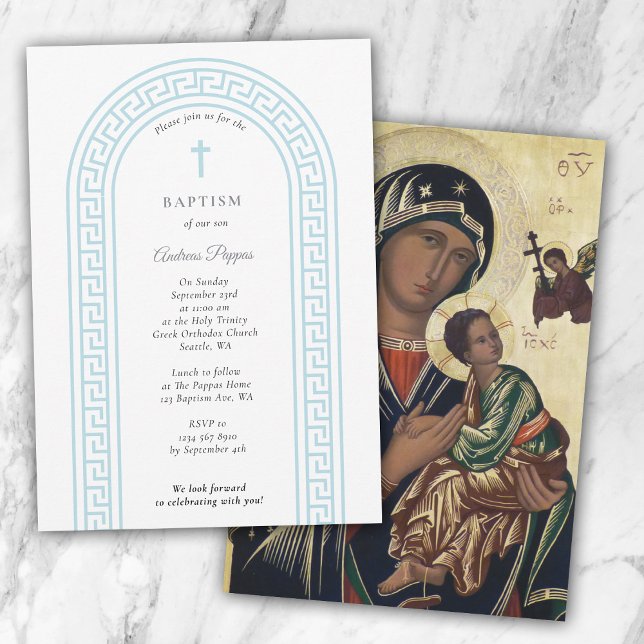 Invitación Crianza ortodoxa griega del bautismo bautizo azul  (Greek Orthodox Christening Baptism Blue Greek Key Invitation)
