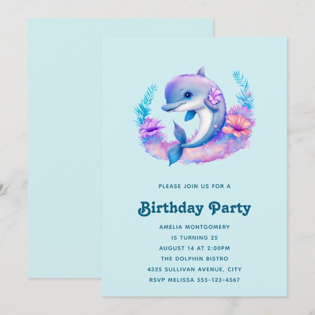 Invitación Criatura del Mar de los Delfines de Cute Cumpleaño (Anverso / Reverso)