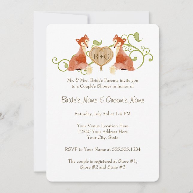 Invitación Criaturas de animales de Woodland, Bodas de Fox n  (Anverso)