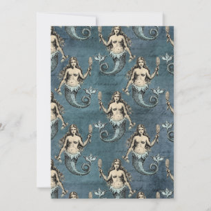 Invitación Criaturas Marinas Sirenas Color Azul Manuscrito