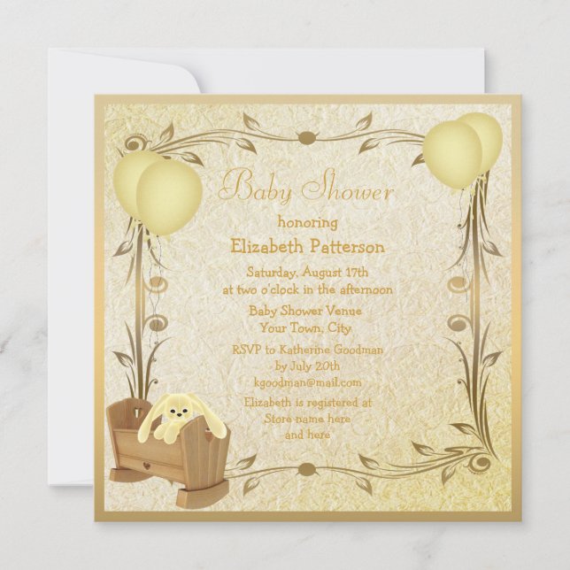 Invitación Crib y conejito de Baby Shower amarillo y dorado (Anverso)
