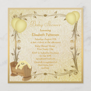 Invitación Crib y conejito de Baby Shower amarillo y dorado