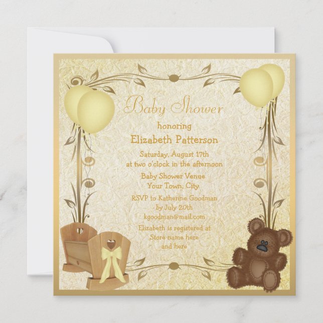 Invitación Crib y peluche de Baby Shower Amarillo y Oro (Anverso)
