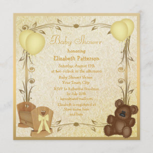 Invitación Crib y peluche de Baby Shower Amarillo y Oro