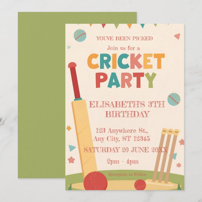Invitación Cricket Birthday Party Sports Invitation (Anverso / Reverso)