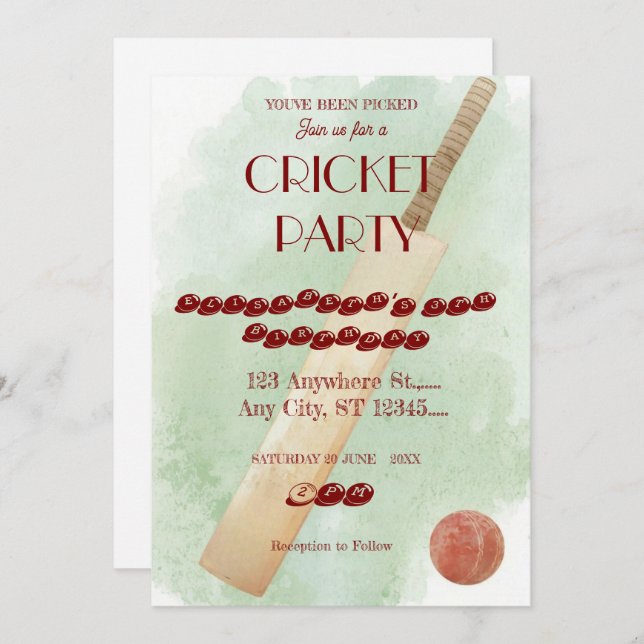 Invitación Cricket Birthday Party Sports Invitation (Anverso / Reverso)