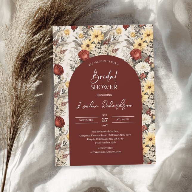Invitación Crimbocromo de la acuarela del arco de Boho (Boho arch watercolor crimson red yellow wildflower invitation)