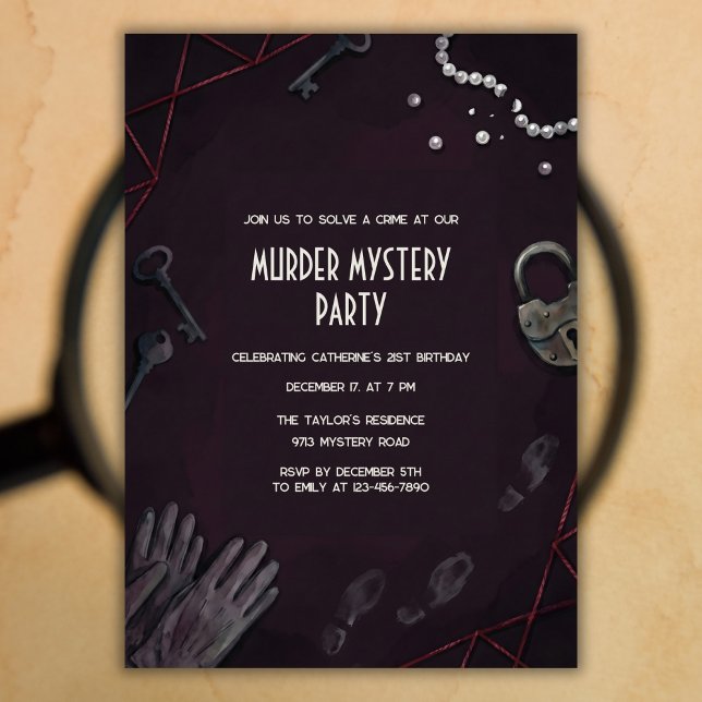 Invitación Crime Scene Murder Mystery Birthday Party (Murder Mystery Birthday – Noir Crime Scene, Keys & Pearls, Personalized)