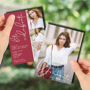 Invitación Crimson de graduación de 4 Collages de fotos