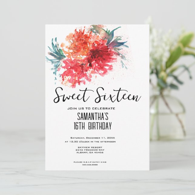 Invitación Crimson Floral Sweet 16 Invite - Watercolor Design (Anverso de pie)
