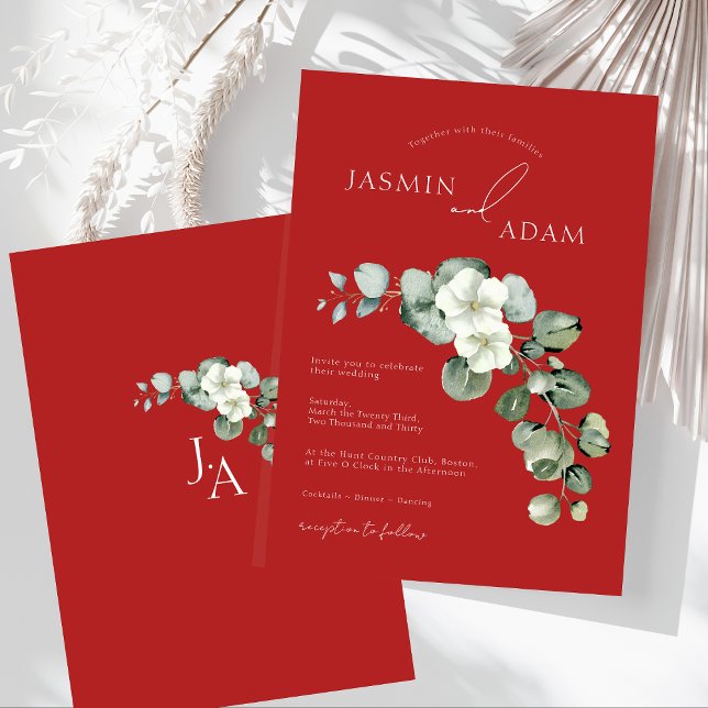 Invitación Crimson Red Eucalyptus Greenery Foliage Boda (Crimson Red Eucalyptus Greenery Foliage Wedding Invitation)