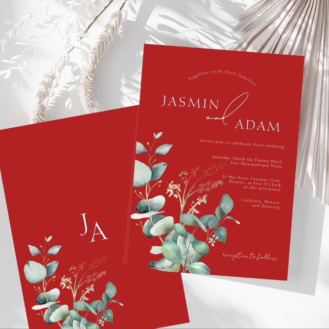 Invitación Crimson Red Eucalyptus Greenery Monograma Boda (Crimson Red Eucalyptus Greenery Monogram Wedding Invitation)