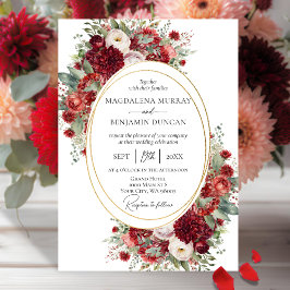 Invitación Crimson Red Floral Dahlia Oval Gold Frame Boda