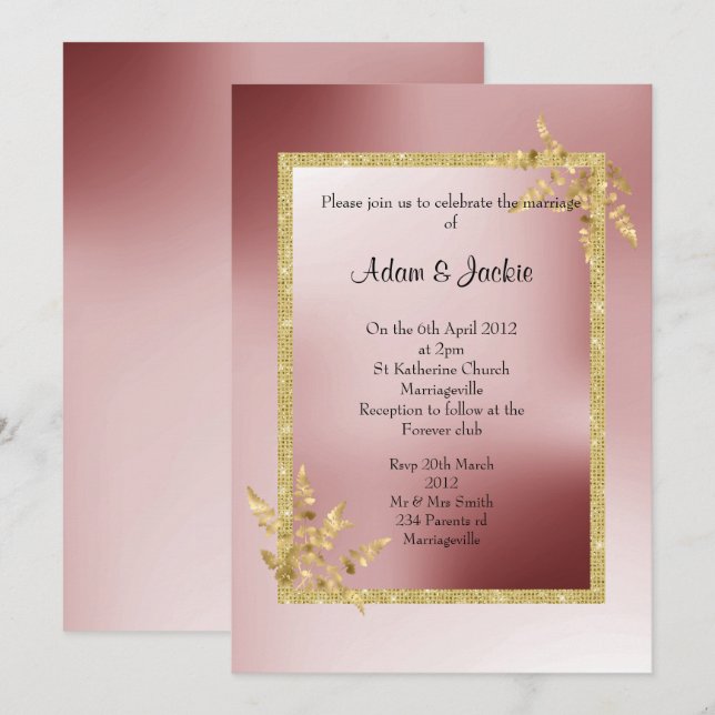 Invitación Crimson Red Gold Leaf ELEGANT CLASSY BODA (Anverso / Reverso)