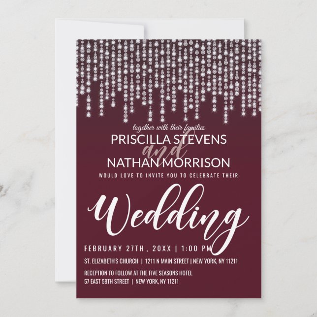 Invitación Crimson Red Hanging Diamond Lights Boda (Anverso)