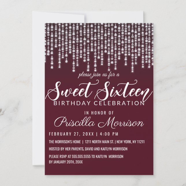 Invitación Crimson Red Hanging Diamond Lights Sweet 16 (Anverso)