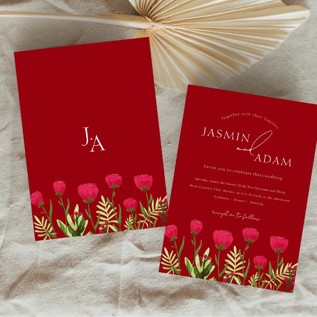 Invitación Crimson Red Poppies Monograma Boda (Crimson Red Poppies Monogram Wedding Invitation)