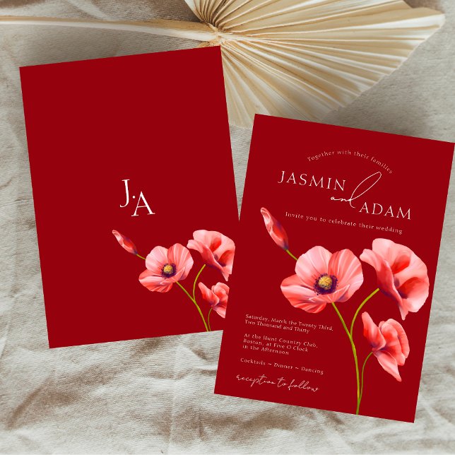 Invitación Crimson Red Poppies Monograma Boda (Crimson Red Poppies Monogram Wedding Invitation)