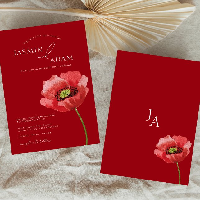 Invitación Crimson Red Poppy Floral Monograma Boda (Crimson Red Poppy Floral Monogram Wedding Invitation)