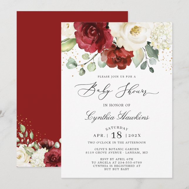 Invitación Crimson Red White Rustic Moda Floral Baby Shower (Anverso / Reverso)
